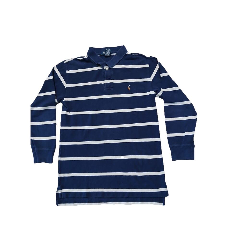 Polo Ralph Lauren Boys L 16-18 Navy White Striped Long Sleeve Polo Shirt